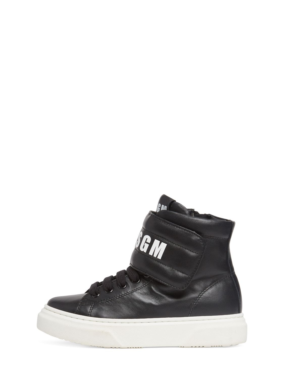 Msgm Kids' Leather High Trainers W/ Printed Logos In Black