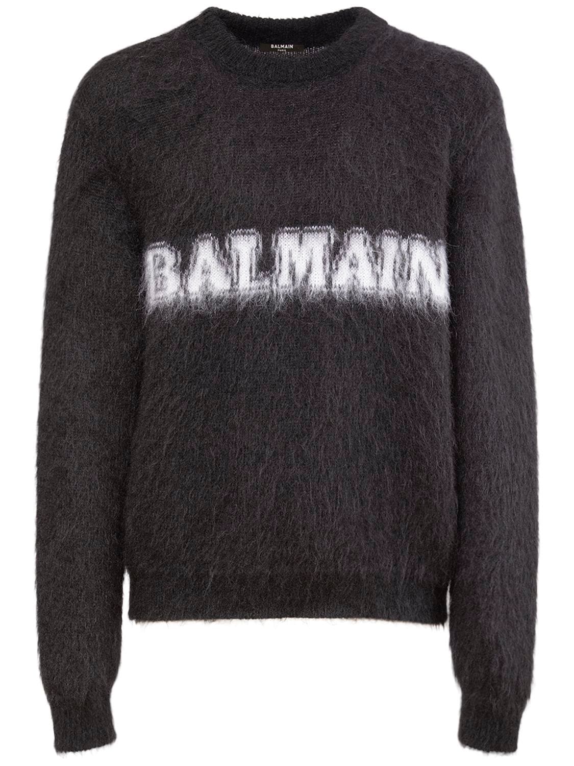 Shop Balmain Retro Logo Mohair Blend Sweater In Black,white