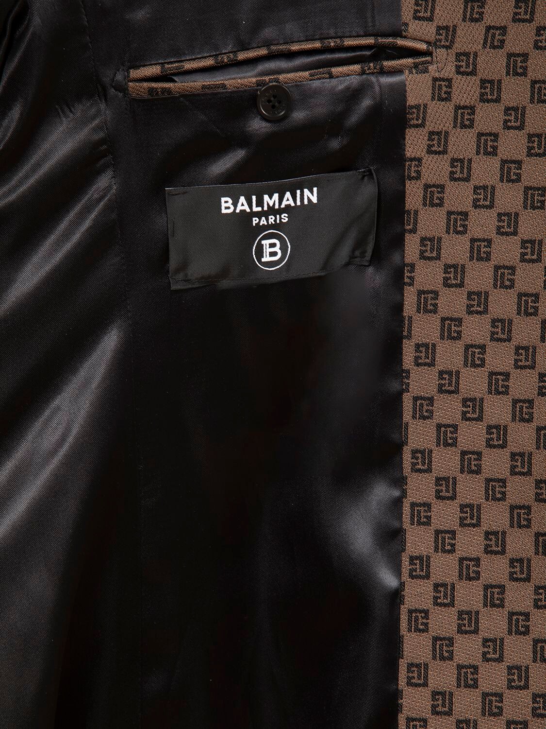 Shop Balmain Monogram Single Breasted Cotton Blazer In Brown