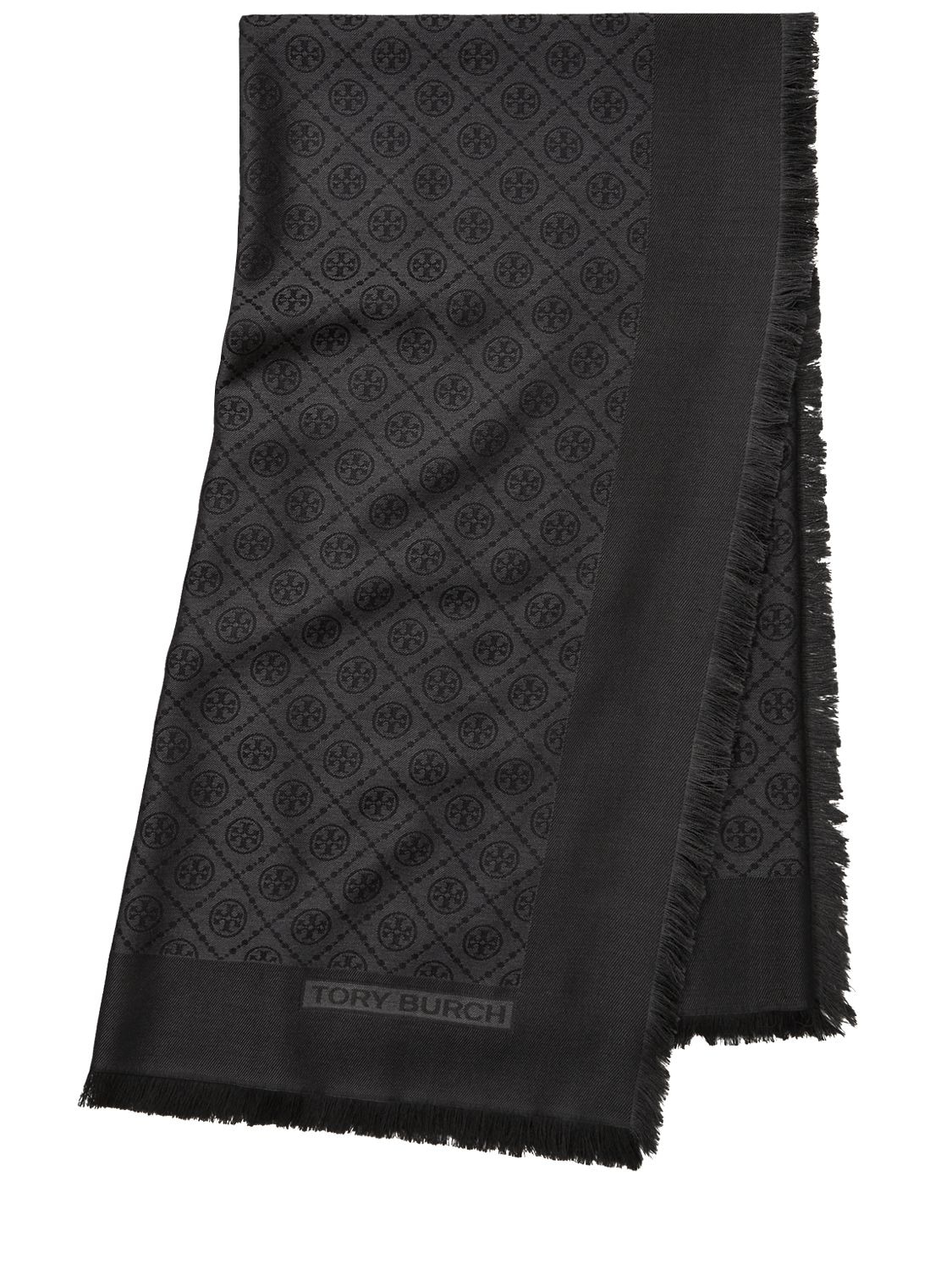 Tory Burch Monogram Wool & Silk Traveler Scarf In Black