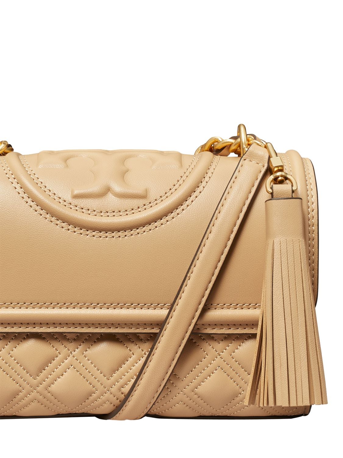 Shop Tory Burch Small Fleming Convertible Leather Bag In Desert Dune