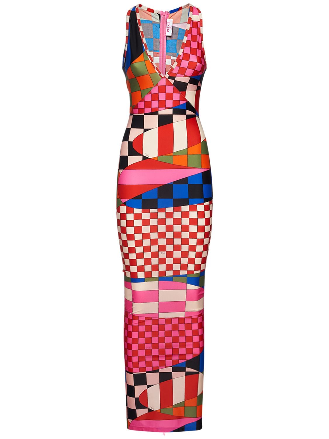 Pucci V Neck Printed Satin Jersey Long Dress In Blue,fuchsia