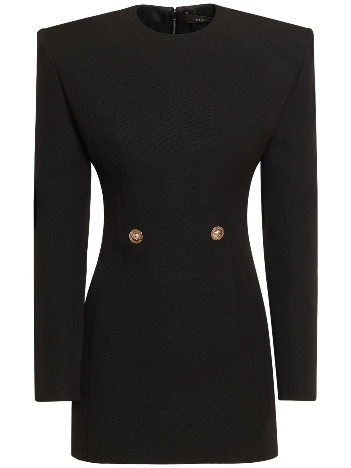 Shop Versace Wool Grain De Poudre Mini Dress In Black