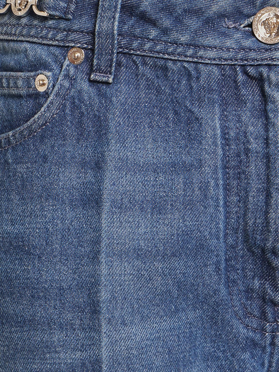 Shop Versace Logo Detail Denim Straight Jeans In Blue