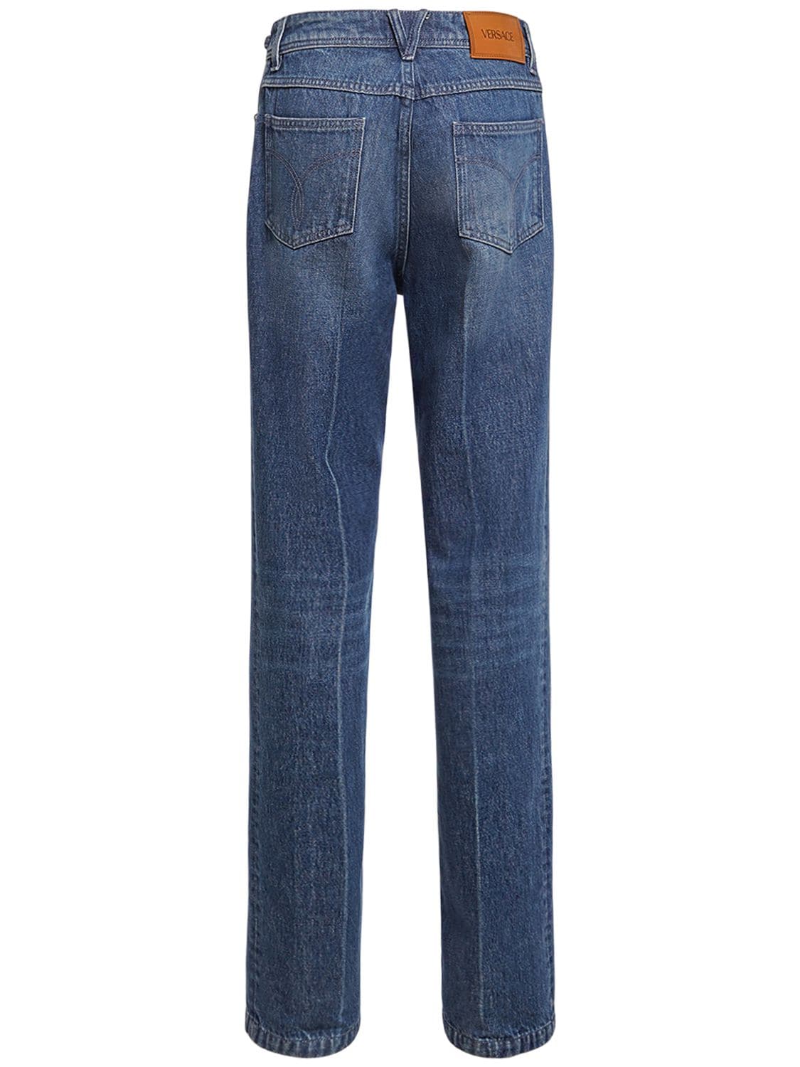 Shop Versace Logo Detail Denim Straight Jeans In Blue