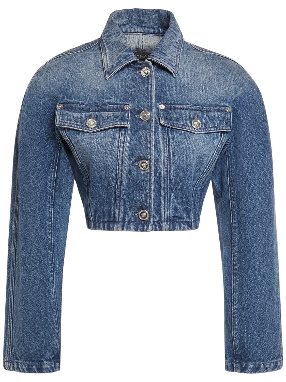 Image of Cropped Denim Jacket W/logo Buttons