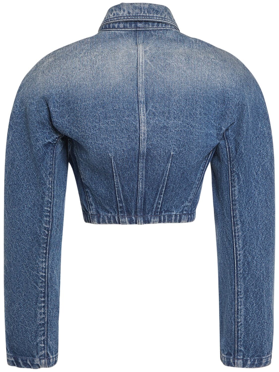 Shop Versace Cropped Denim Jacket W/logo Buttons In Blue