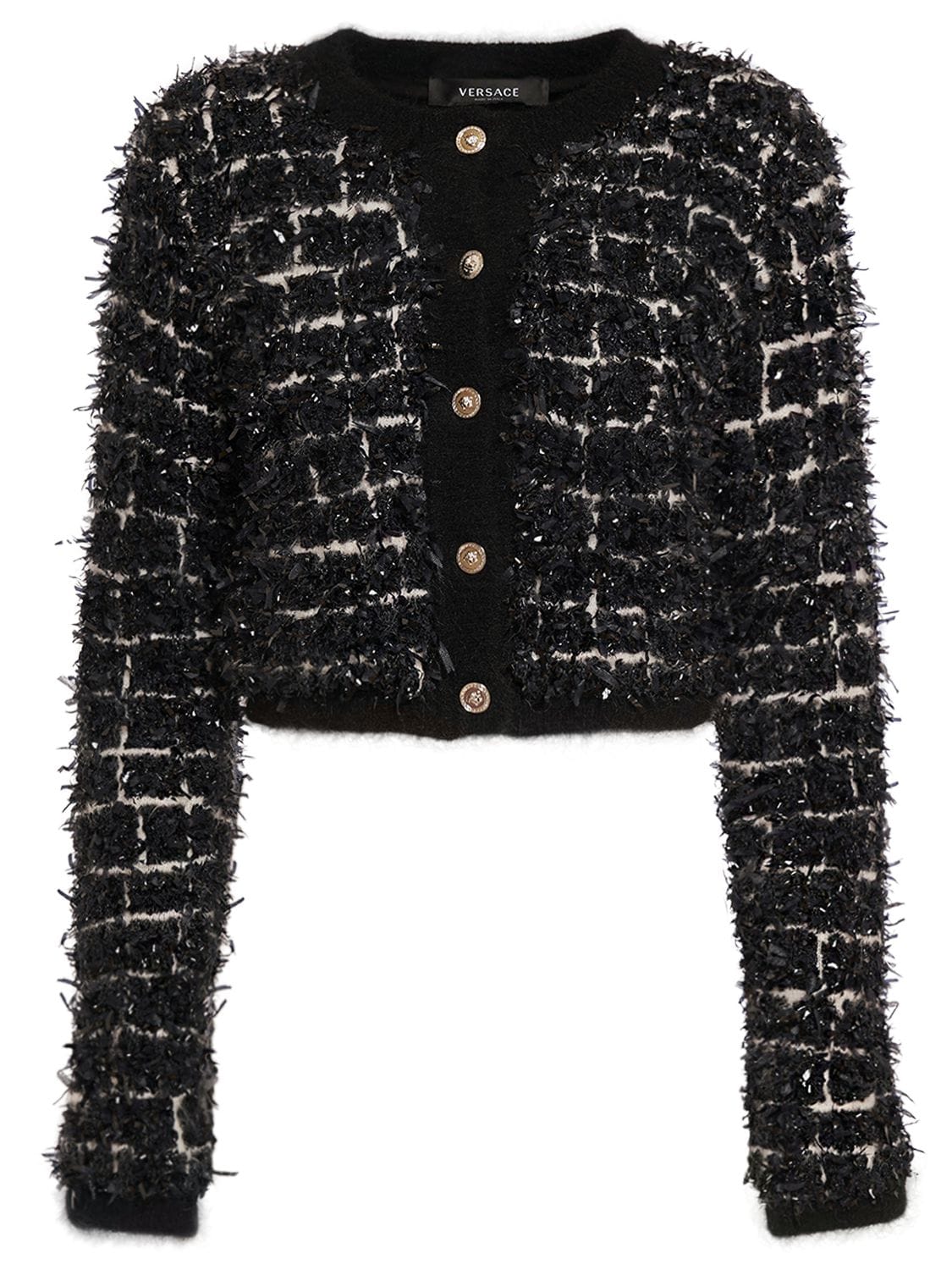 Versace Knit Jacquard Cropped Jacket In Black,white