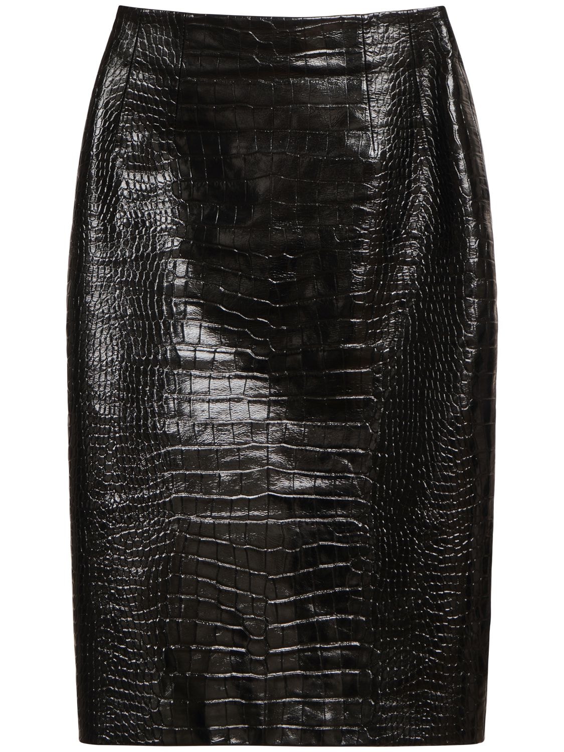 Shop Versace Crocodile Embossed Leather Midi Skirt In Black