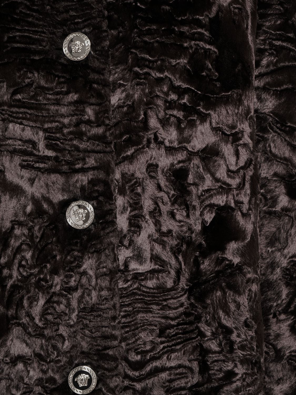 Shop Versace Astrakan Faux Fur Logo Detail Coat In Dark Brown