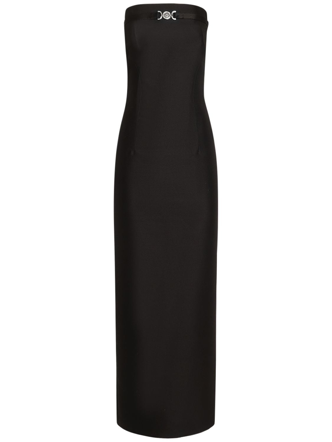 Shop Versace Wool & Silk Twill Long Dress W/ Logo In Black