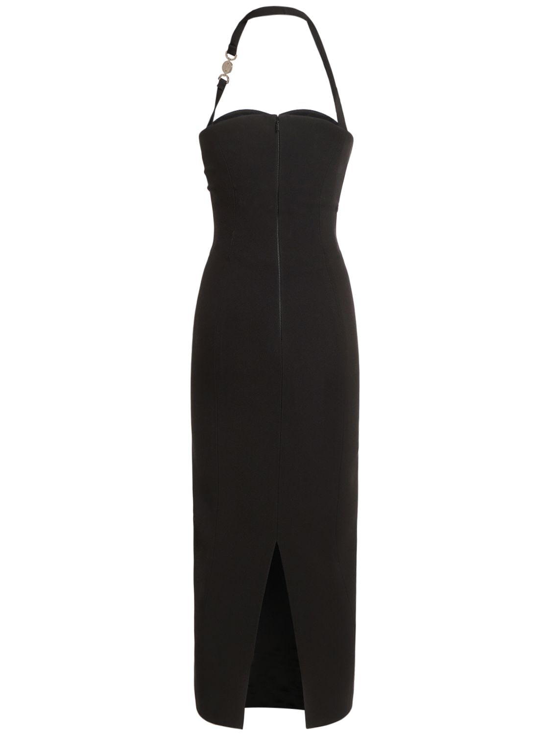 Shop Versace Envers Satin Midi Dress W/ Logo In Black