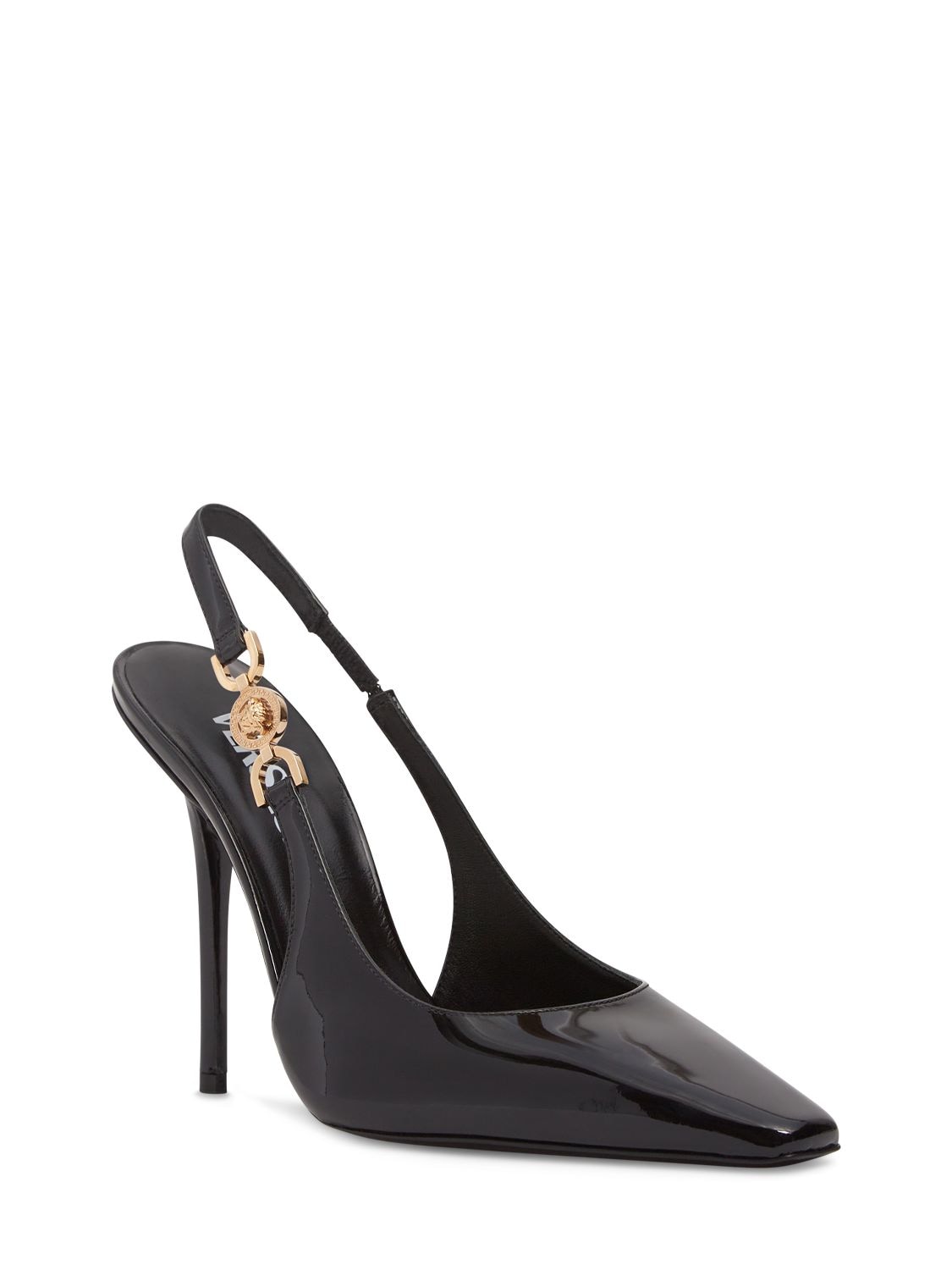 Shop Versace 110mm Patent Leather Slingback Heels In Black