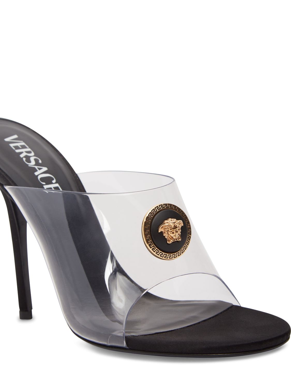 Shop Versace 110mm Plexi & Satin Mules In Transparent