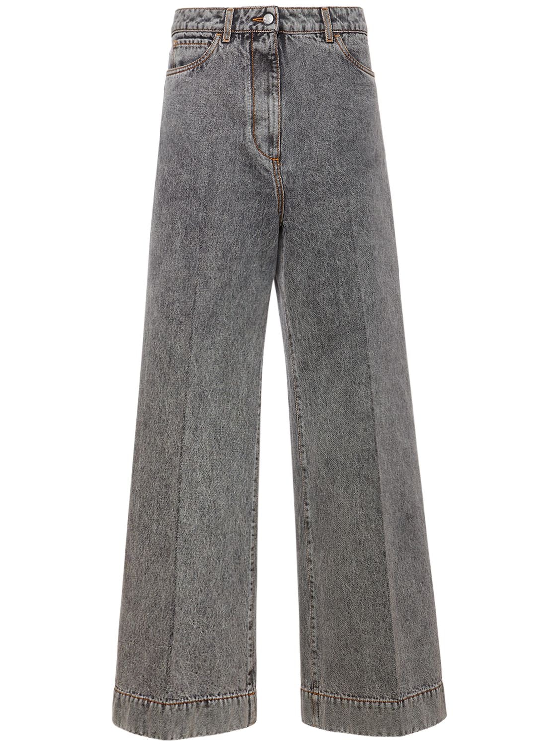 Image of Mid Rise Cotton Denim Wide Jeans