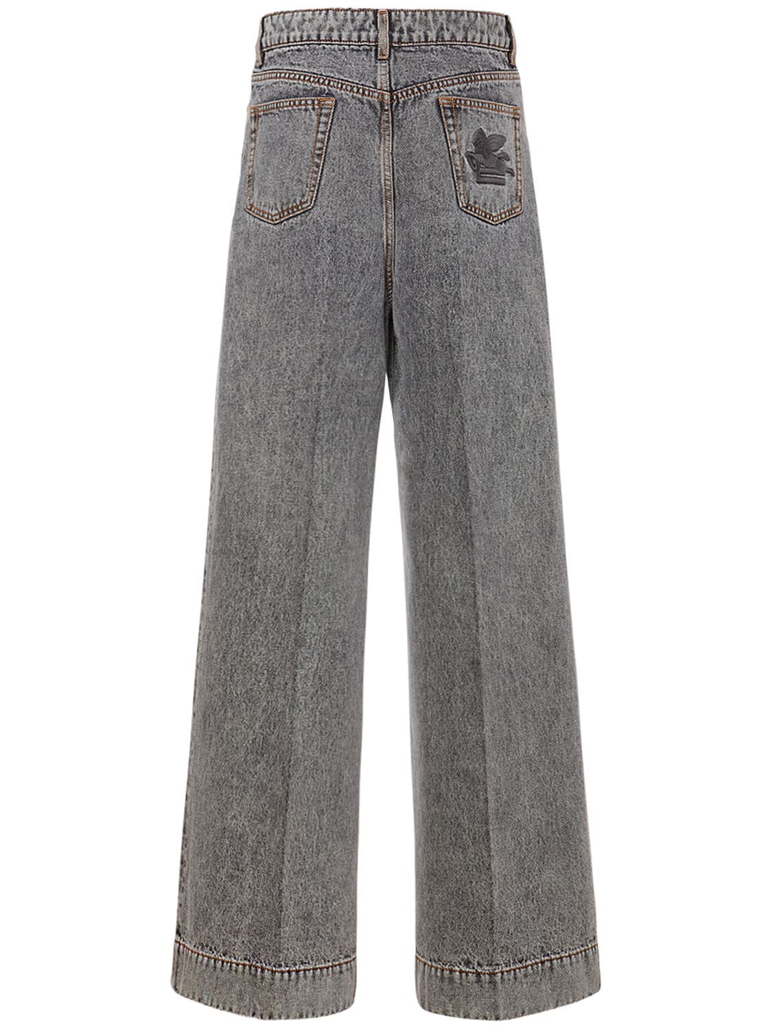 Shop Etro Mid Rise Cotton Denim Wide Jeans In Grey