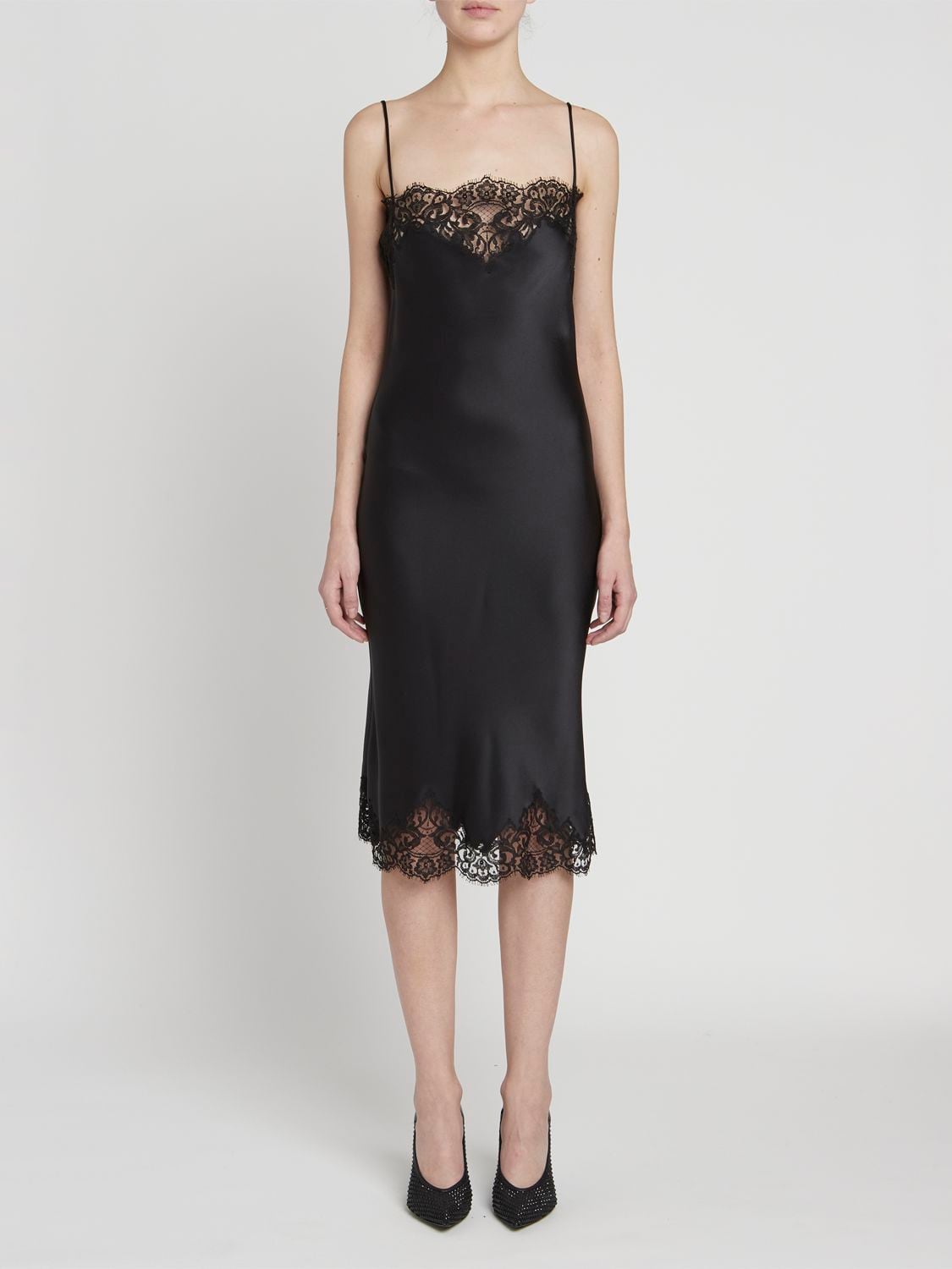 Stella Mccartney Guipere Lace-trim Satin Midi Dress In Black