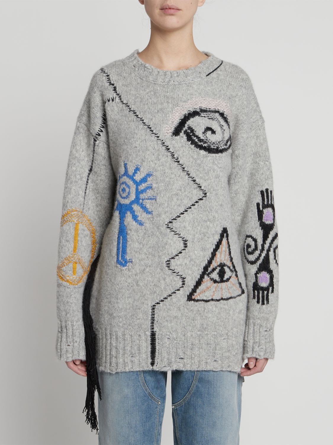 Shop Stella Mccartney Folk Artwork Wool Blend Knit Sweater In Grey