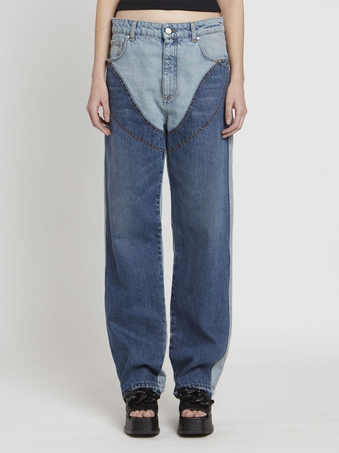 Image of Two Tone Cotton Denim Wide Leg Jeans