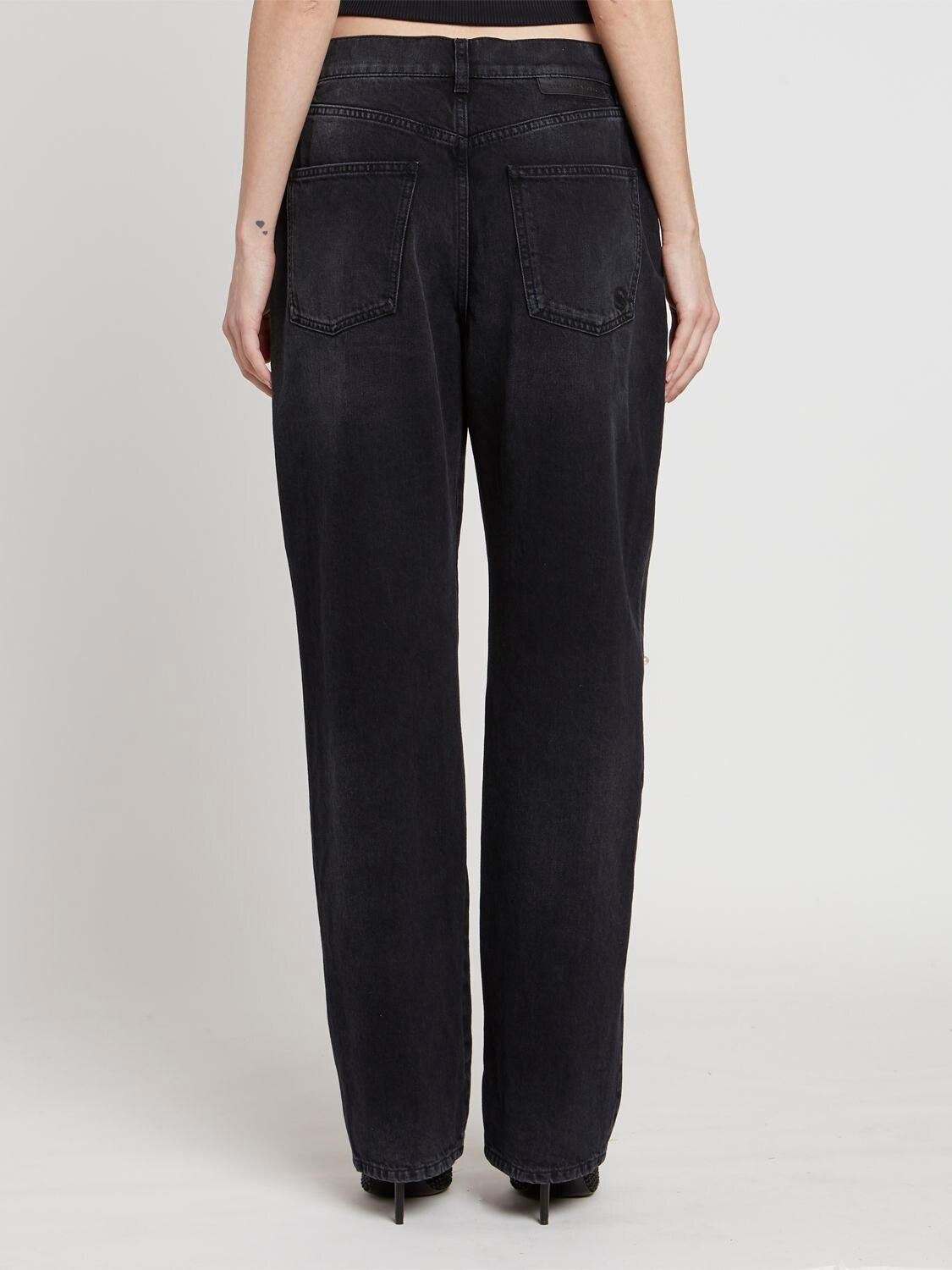 Shop Stella Mccartney Embellished Cotton Denim Straight Jeans In Black