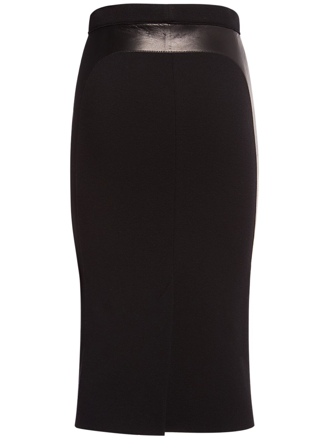 Shop Tom Ford Wool Crepe & Leather Midi Skirt In Black