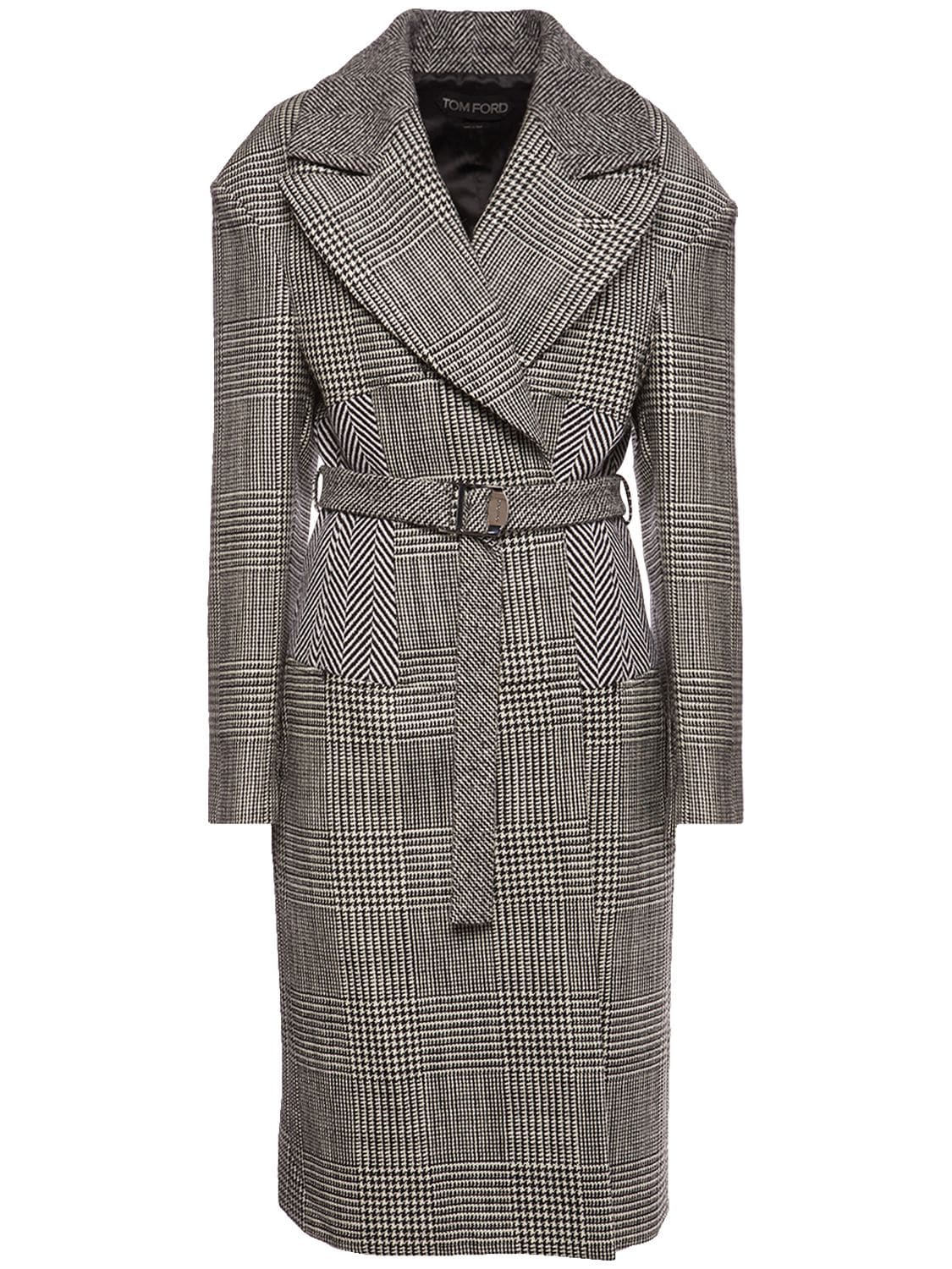 Tom Ford Belted Patchwork Prince Of Wales Wool Overcoat In Black_chalk