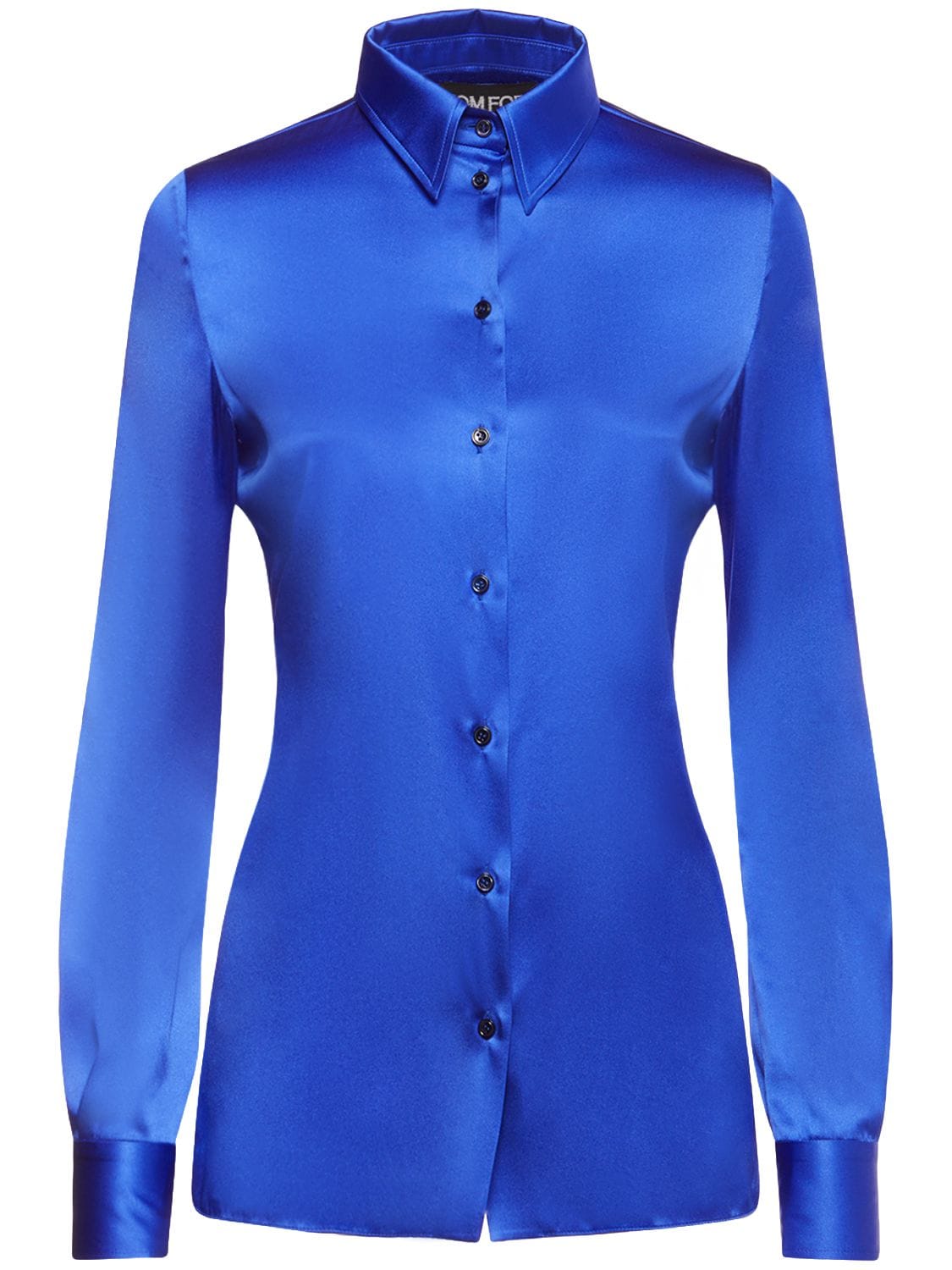 Shop Tom Ford Stretch Silk Satin Fitted Shirt In Blue
