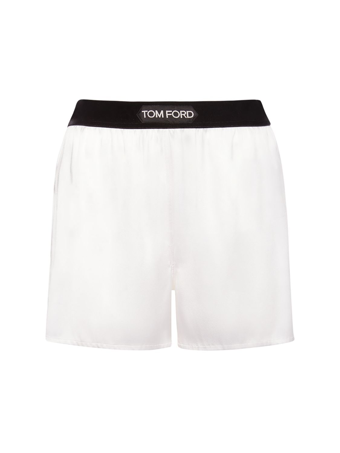 Shop Tom Ford Logo Silk Satin Mini Shorts In White