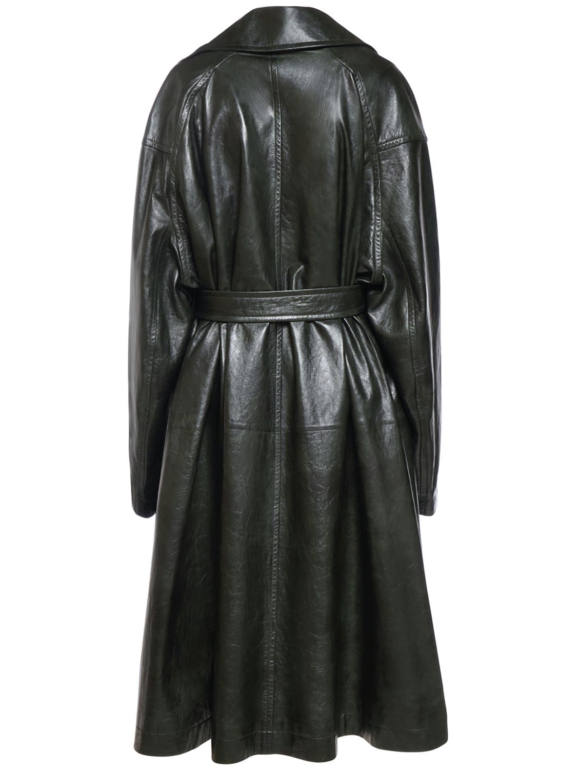 Shop Bottega Veneta Shiny Leather Kimono Belted Coat In Military Green