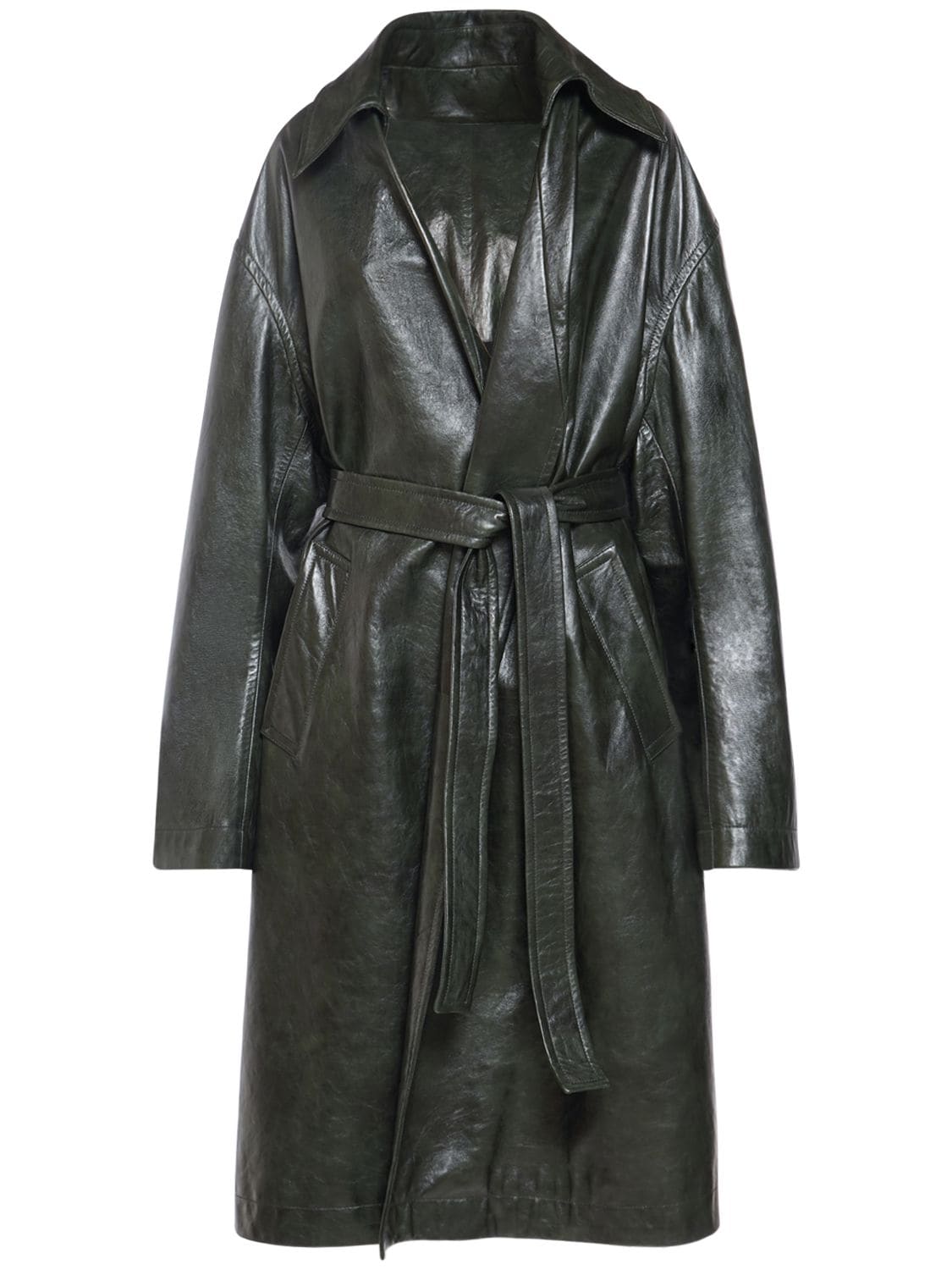 Image of Shiny Leather Kimono Belted Coat