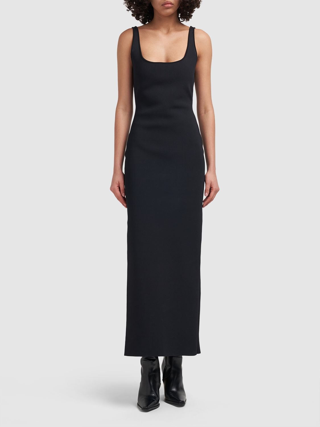 Shop Bottega Veneta Compact Viscose Blend Long Dress In Black