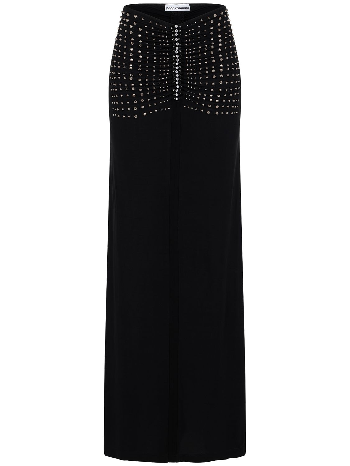 Rabanne High Rise Jersey Midi Skirt W/ Crystals In Black