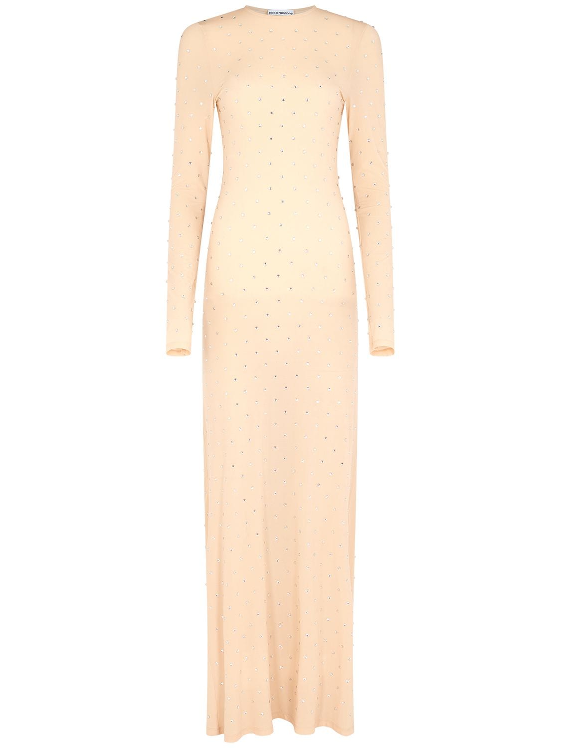 Paco Rabanne Crystal Embellished  Jersey Long Dress In Nude
