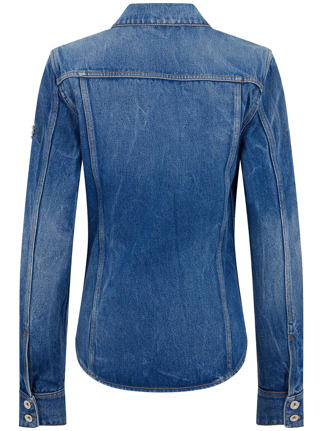 Shop Rabanne Embellished Cotton Denim Shirt In Blue