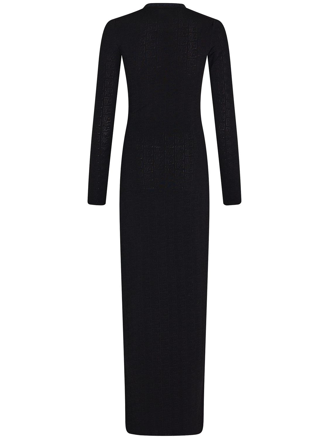 Rabanne All Over Perforated Logo Knit Long Dress In Black