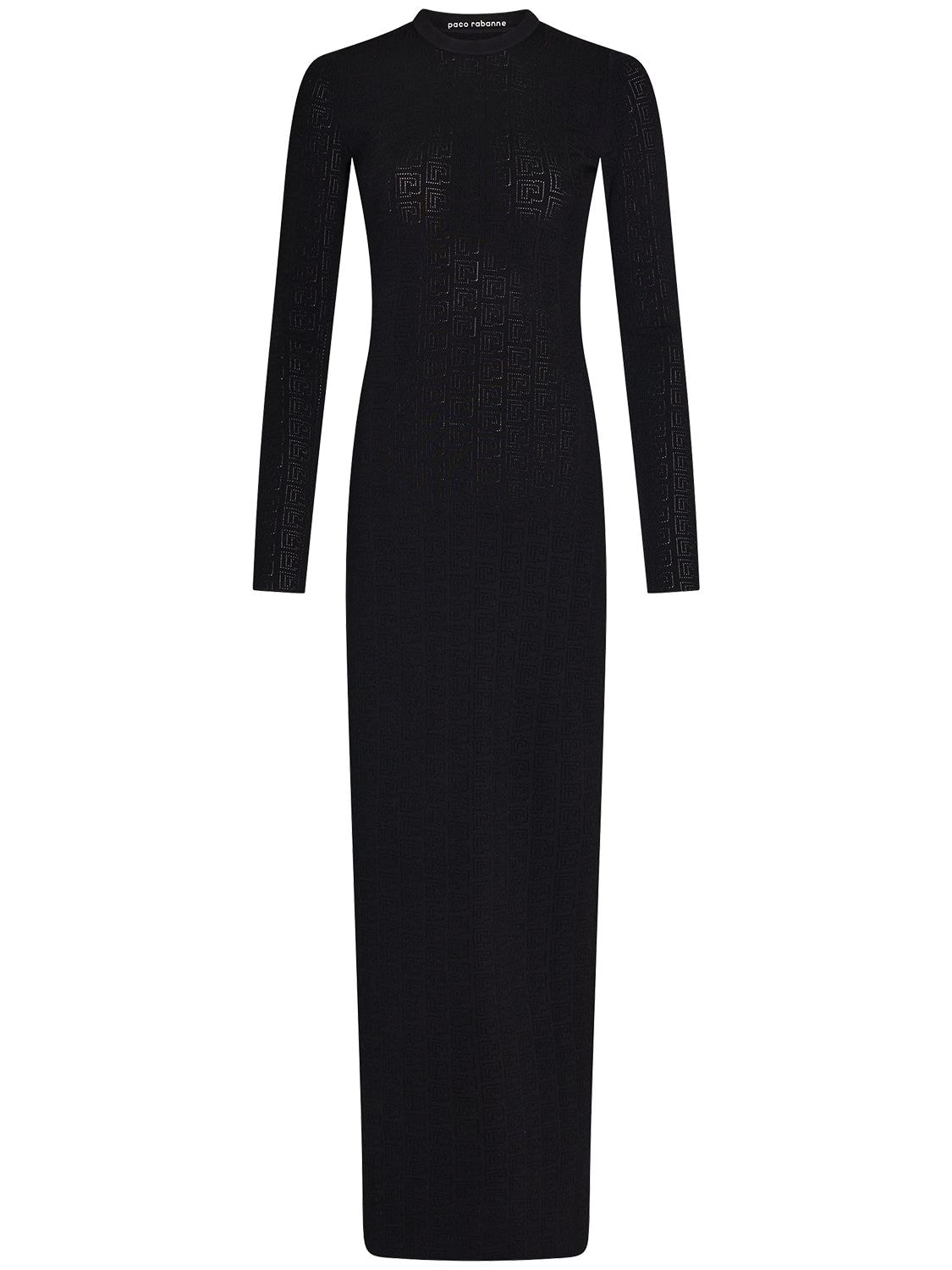 Rabanne All Over Perforated Logo Knit Long Dress In Black