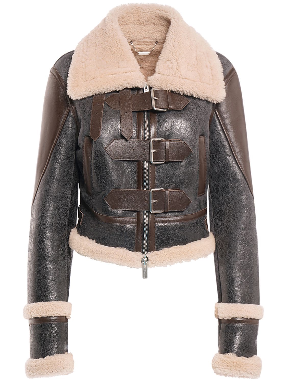 Shop Blumarine Leather Shearling Short Jacket W/buckles In Black,brown