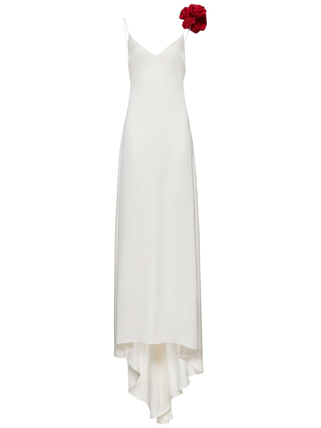 Magda Butrym Satin Silk Long Dress W/ 3d Rose Detail In Cream