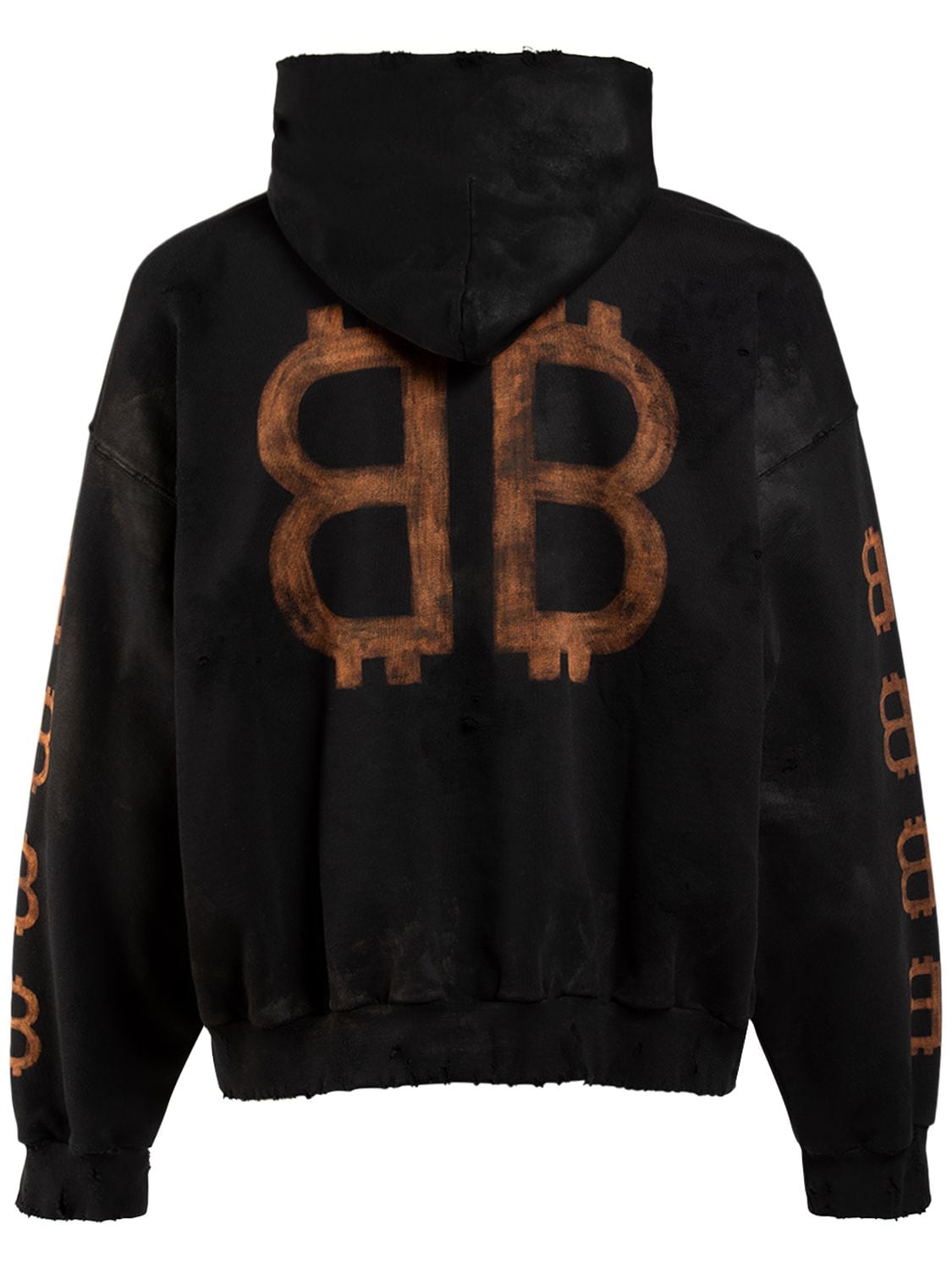 Shop Balenciaga Distressed Cotton Hoodie In Washed Black