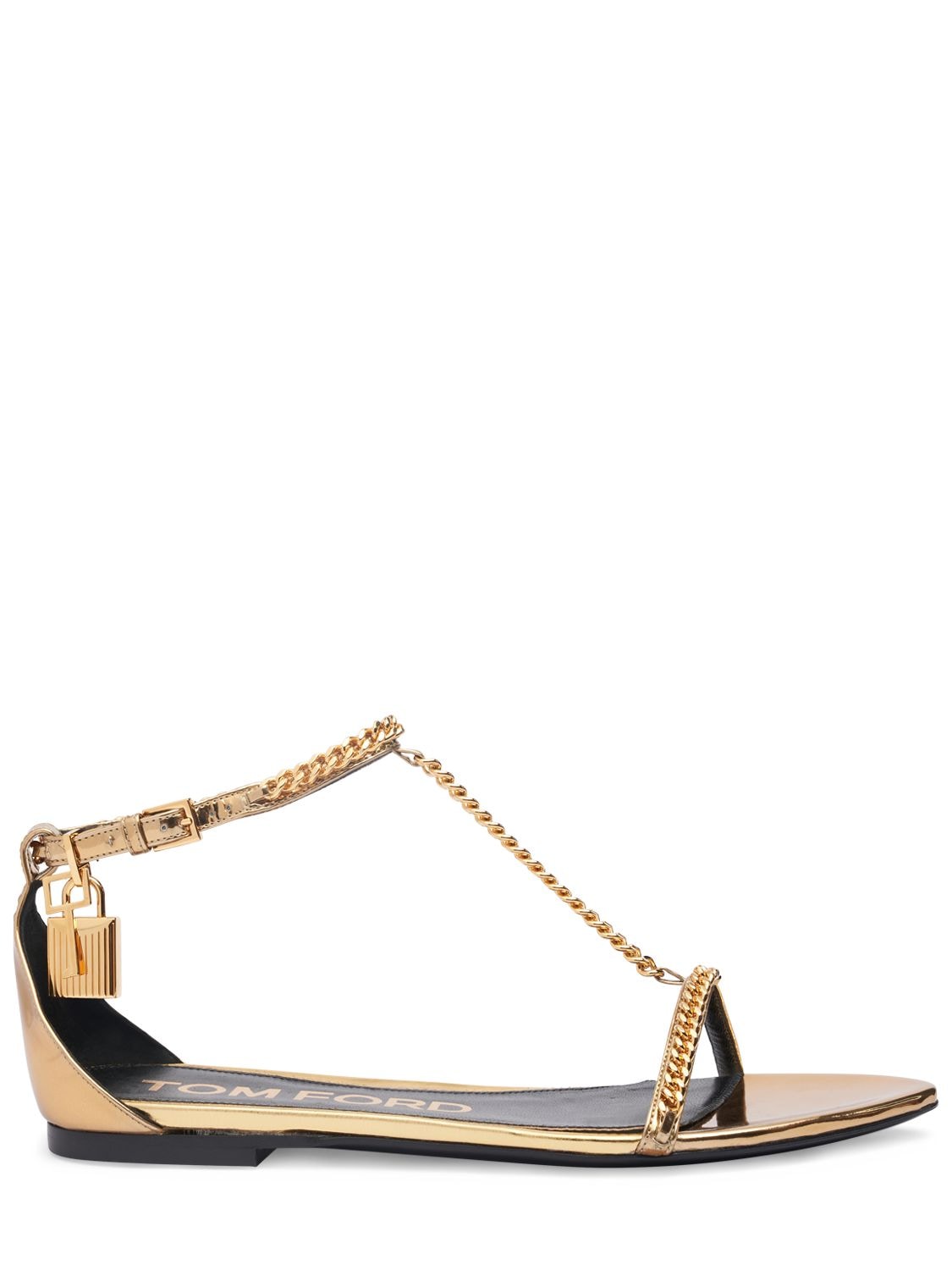 Tom Ford 5mm Padlock Chain Mirror Leather Flats In Gold
