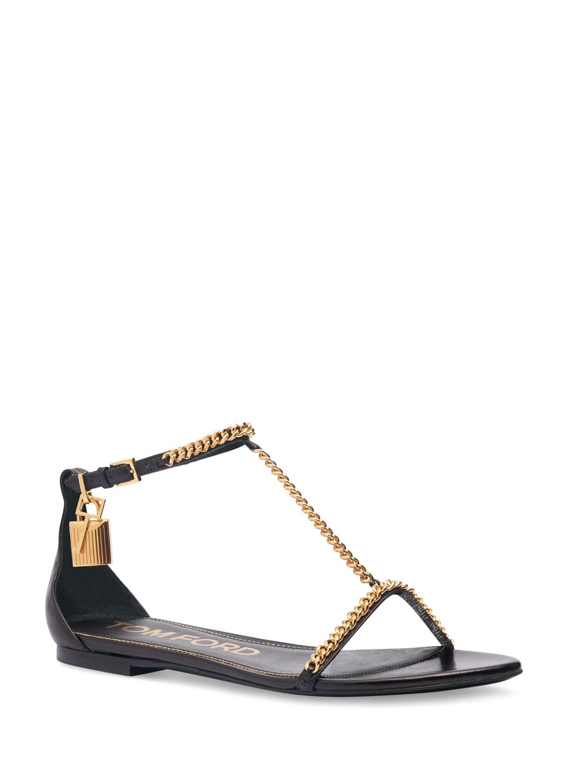 Shop Tom Ford 5mm Padlock Chain Leather Flats In Black
