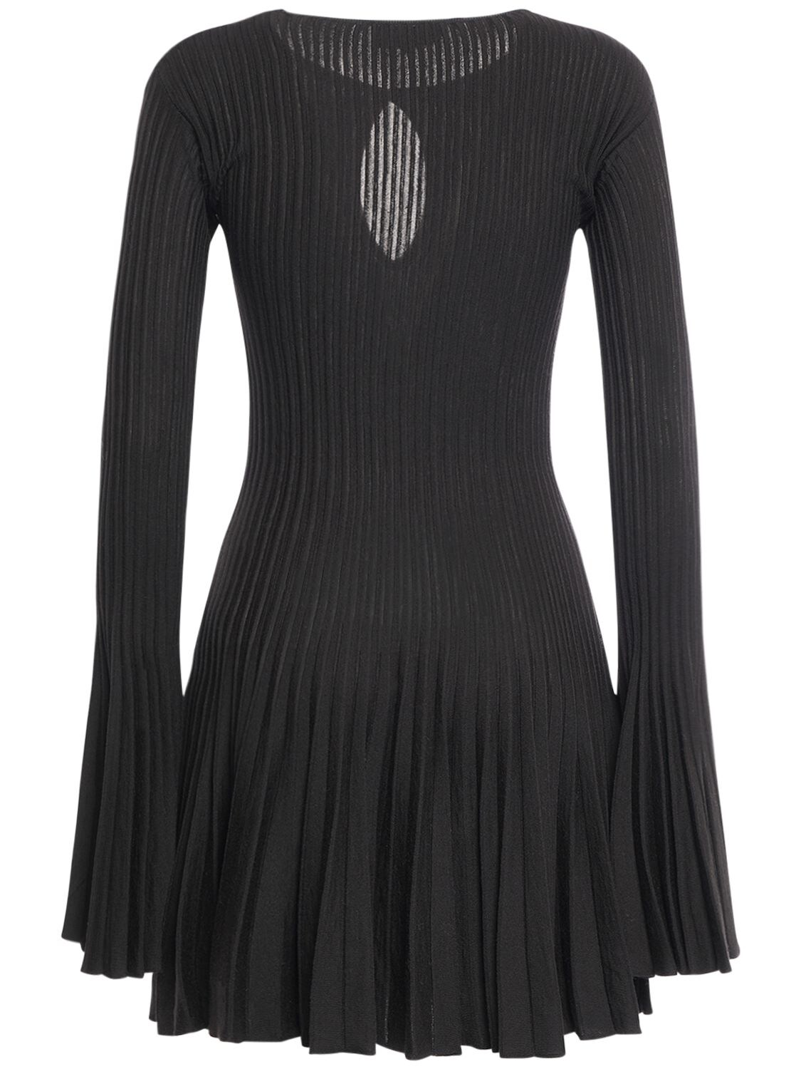 Shop Blumarine Pleated Wool Knit Long Sleeve Mini Dress In Black