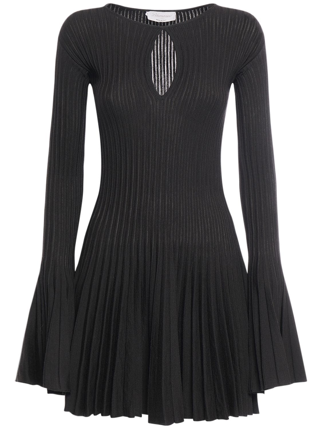 Shop Blumarine Pleated Wool Knit Long Sleeve Mini Dress In Black
