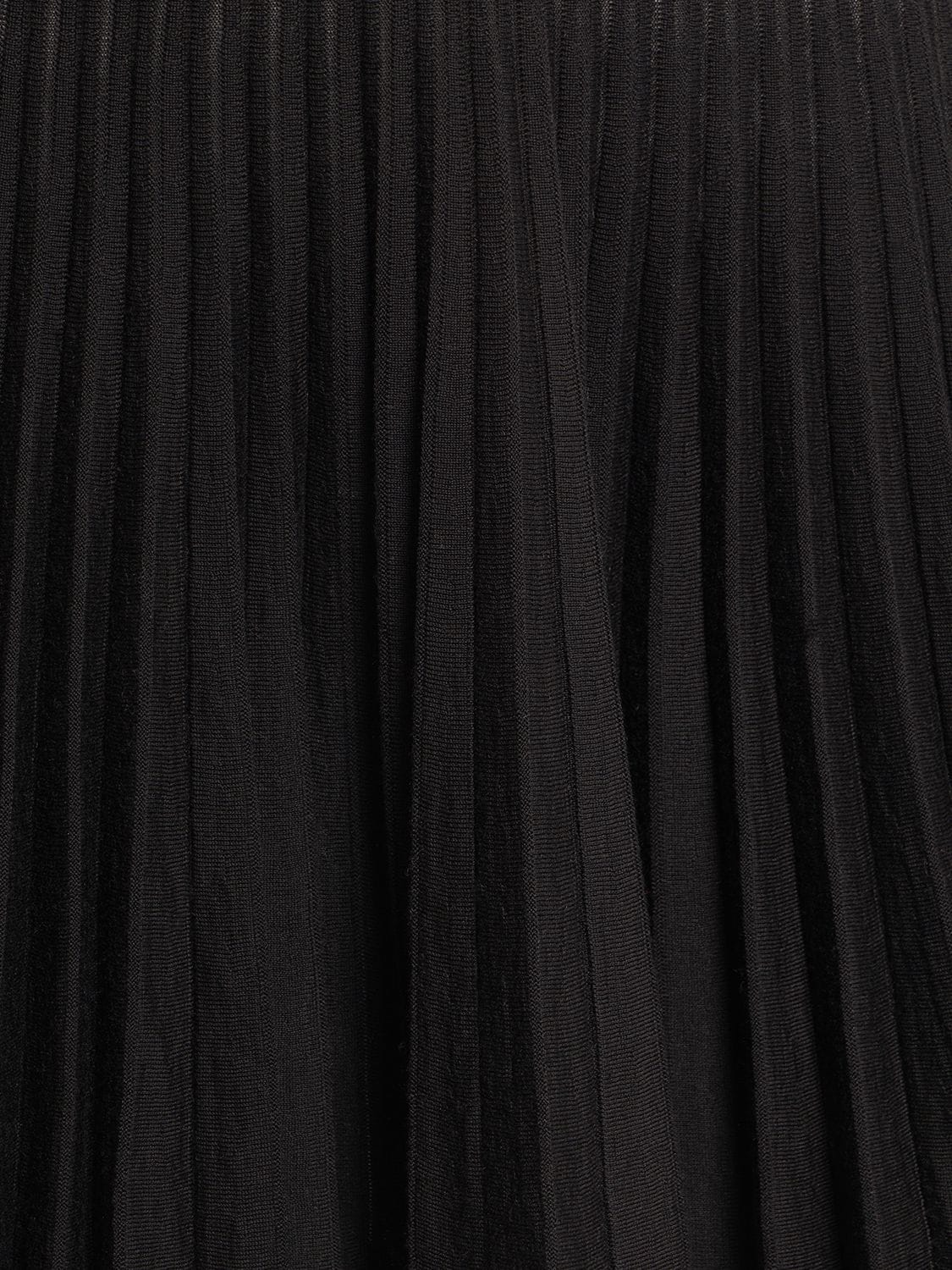 Shop Blumarine Pleated Wool Knit Long Sleeve Mini Dress In Black