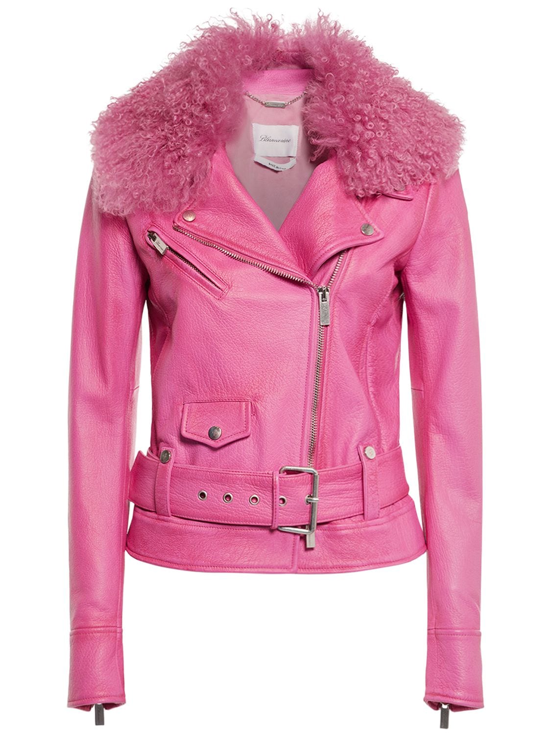 Blumarine Belted Leather Jacket W/ Fur Collar In Pink