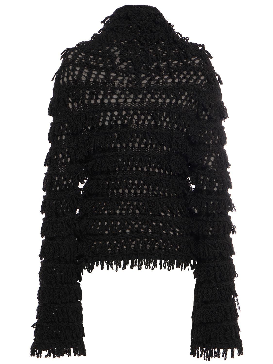 Shop Blumarine Fringed Wool Knit Turtleneck Sweater In Black
