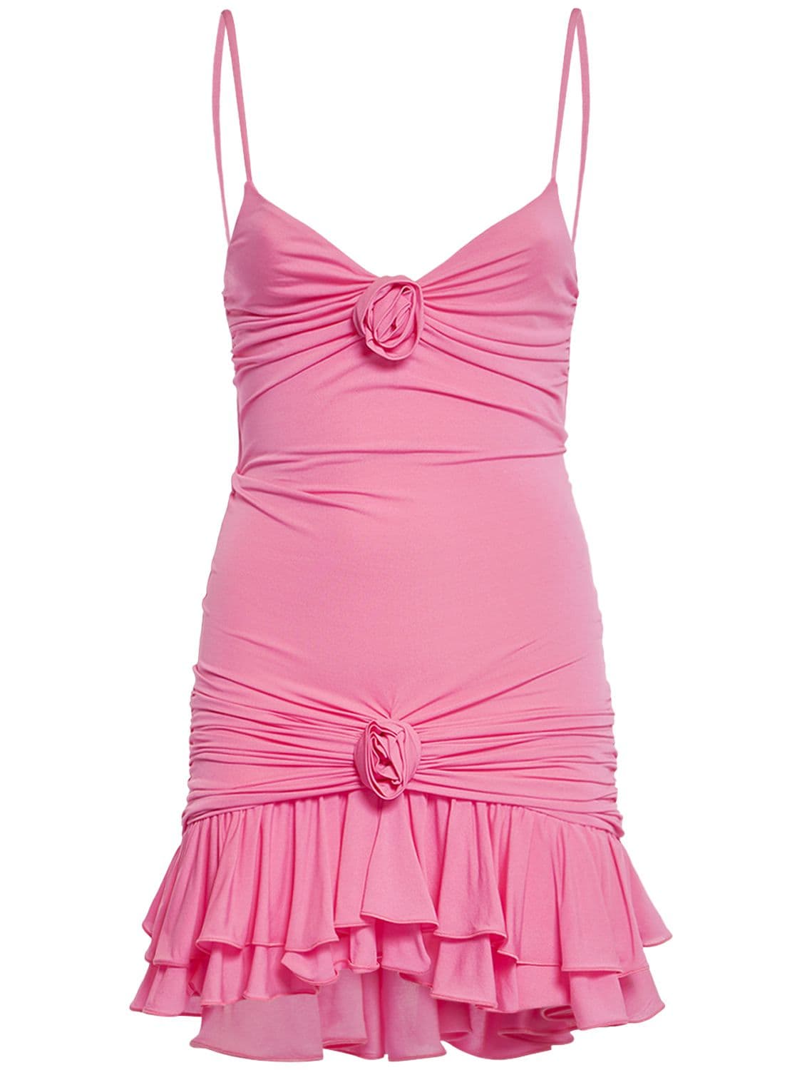 Shop Blumarine Jersey Draped Mini Dress W/rose Appliqué In Pink