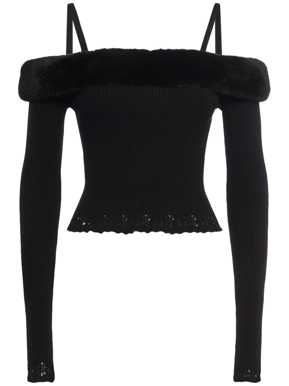 Shop Blumarine Off-the-shoulder Faux Fur Knit Top In Black