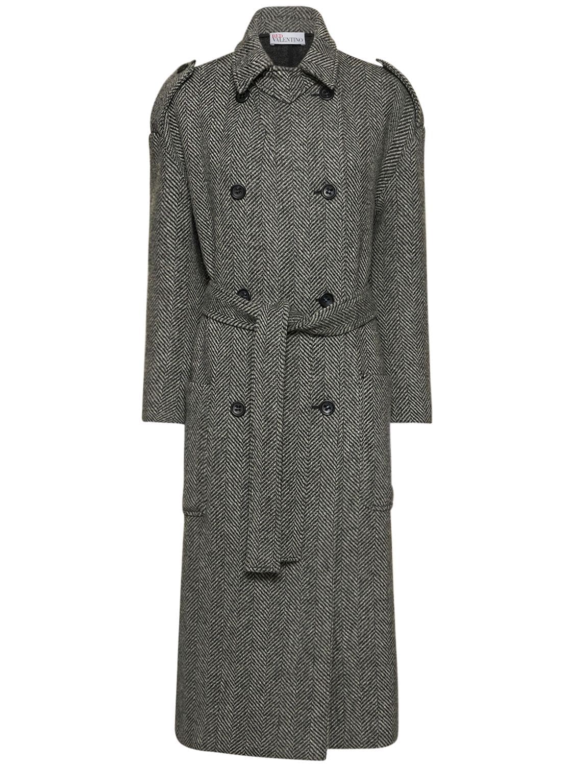Shop Red Valentino Belted Wool Herringbone Long Coat In Grey
