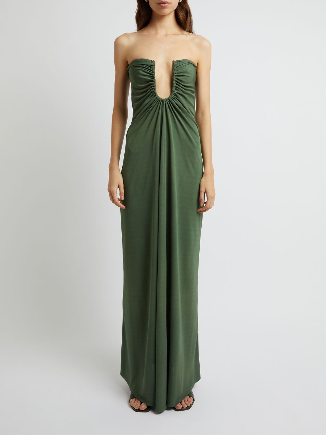 Christopher Esber Arced Palm Strapless Ruched U-ring Column Maxi Dress ...